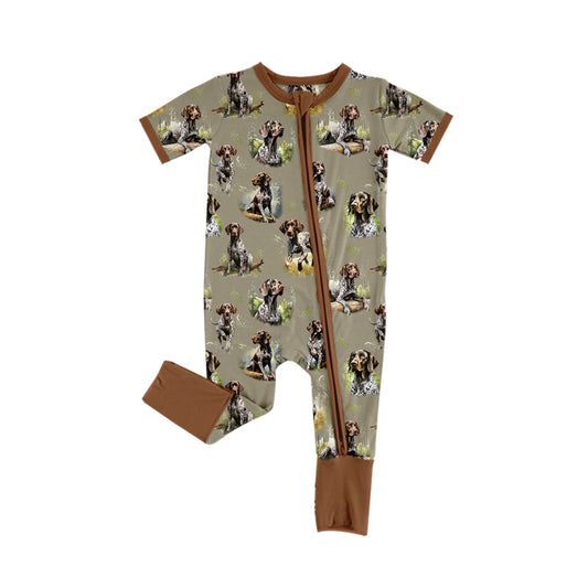 Preorder SR2079 Spotted puppy brown border gray-green zip-up short-sleeved onesie