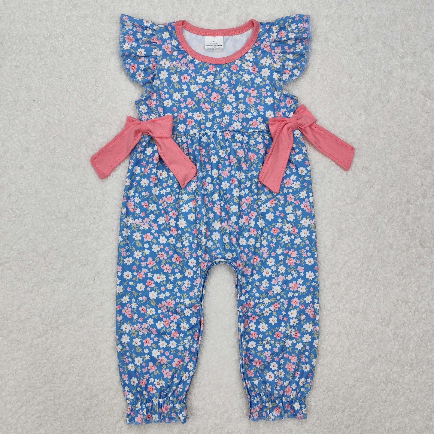 SR2166 Dark Blue Flower Pink Bow Ruffle Sleeveless Romper baby girls boutique nightwear outfit baby summer clothes RTS 202501
