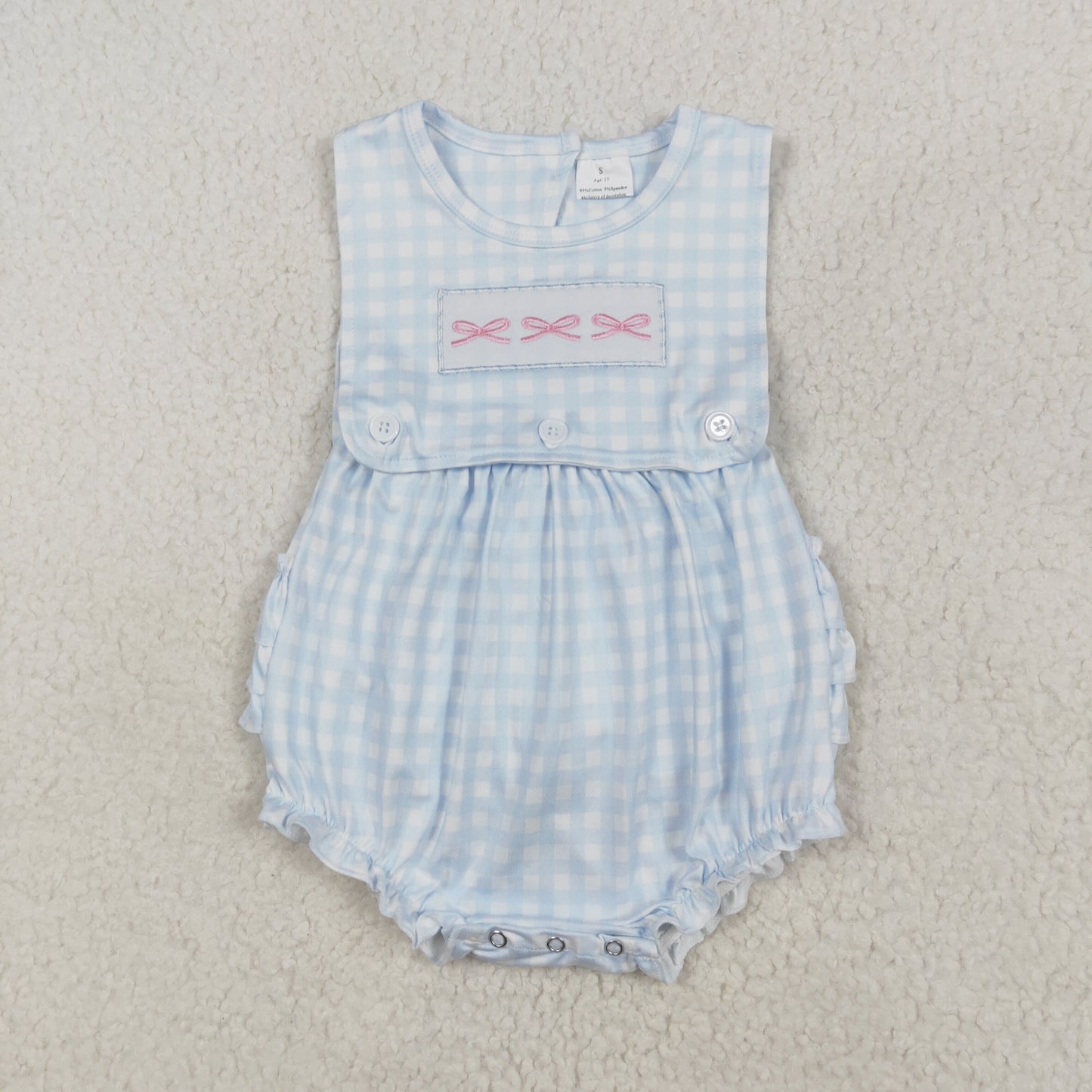 SR2203 Embroidery Pink Bow Blue Plaid Sleeveless Romper Baby Girl boutique Outfit RTS 202501