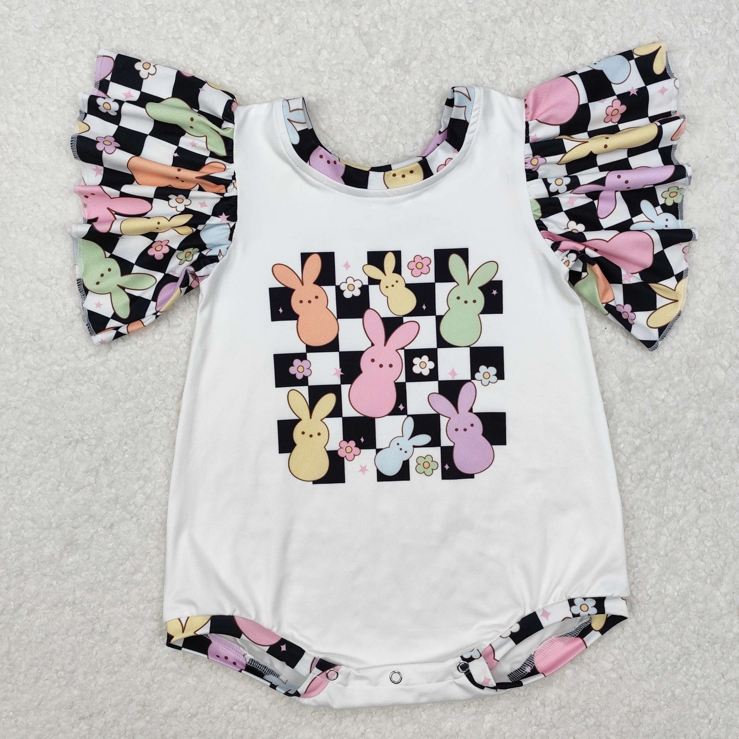 SR2227 Easter bunny clothes White Black checkerboard  Romper short sleeve girl boutique romper  RTS 202501