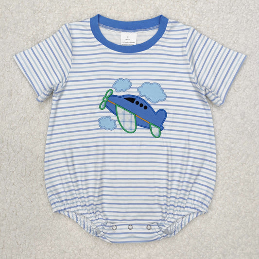 SR2244 Embroidered airplane White cloud Blue Striped Short Sleeve Romper Boys Boutique outfit 202503