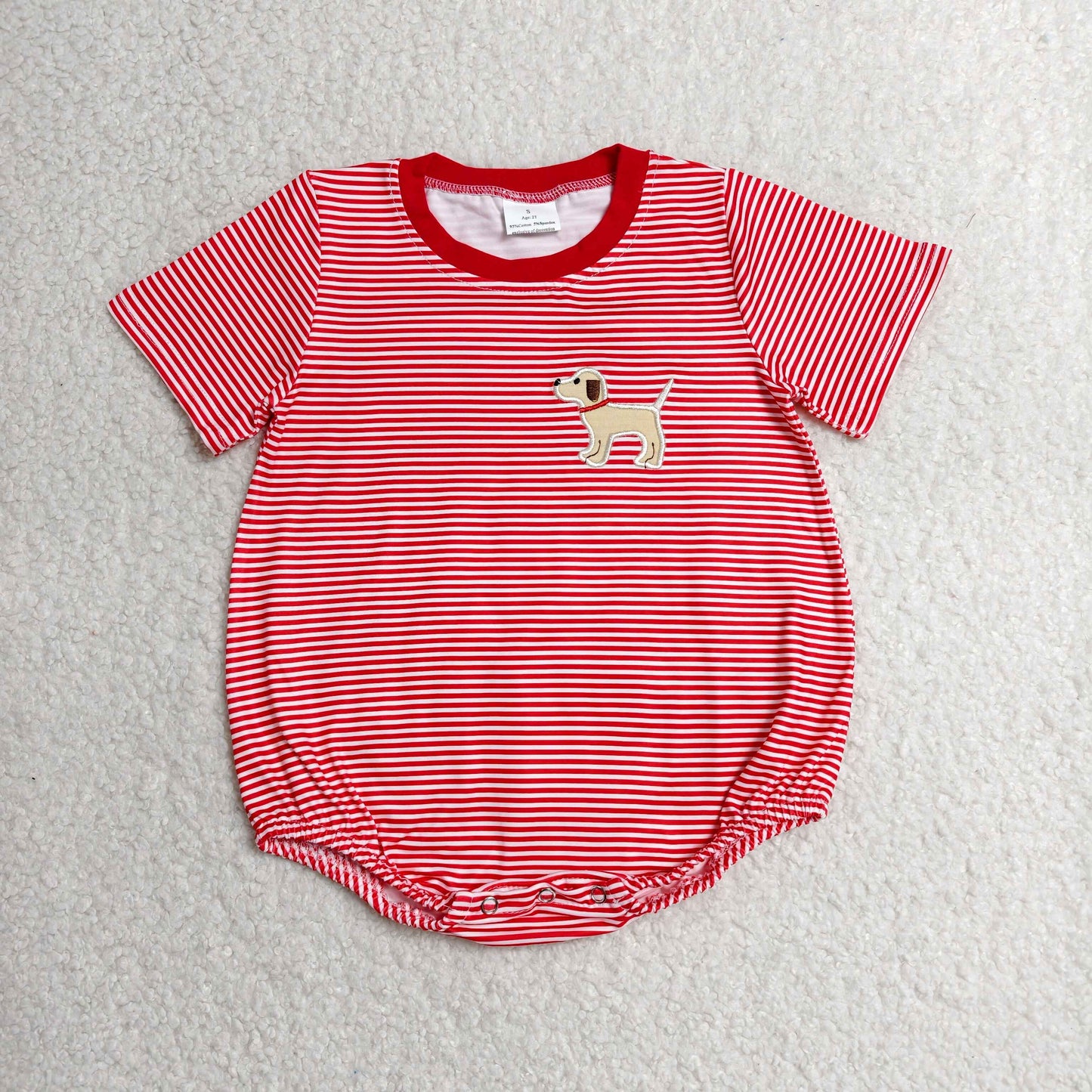 SR2286 Embroidered Puppy Red Stripe Short-Sleeved Boys Bubble Romper 202606 RTS