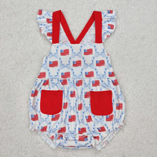 SR2331 4th of July Flag Red Blue Bows Pocket Fly Sleeve Romper Girls Boutique Outfits 202503 RTS