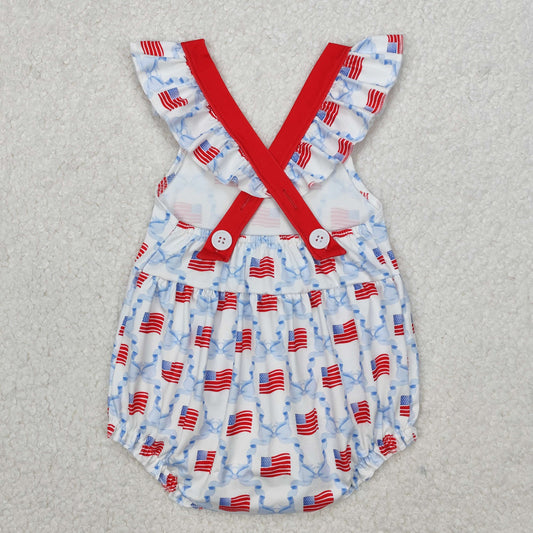 SR2331 4th of July Flag Red Blue Bows Pocket Fly Sleeve Romper Girls Boutique Outfits 202503 RTS