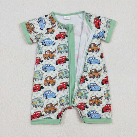 SR2373 Cars Cartoon Green Zip Short Sleeve romper Boys Boutique outfit 202502 RTS