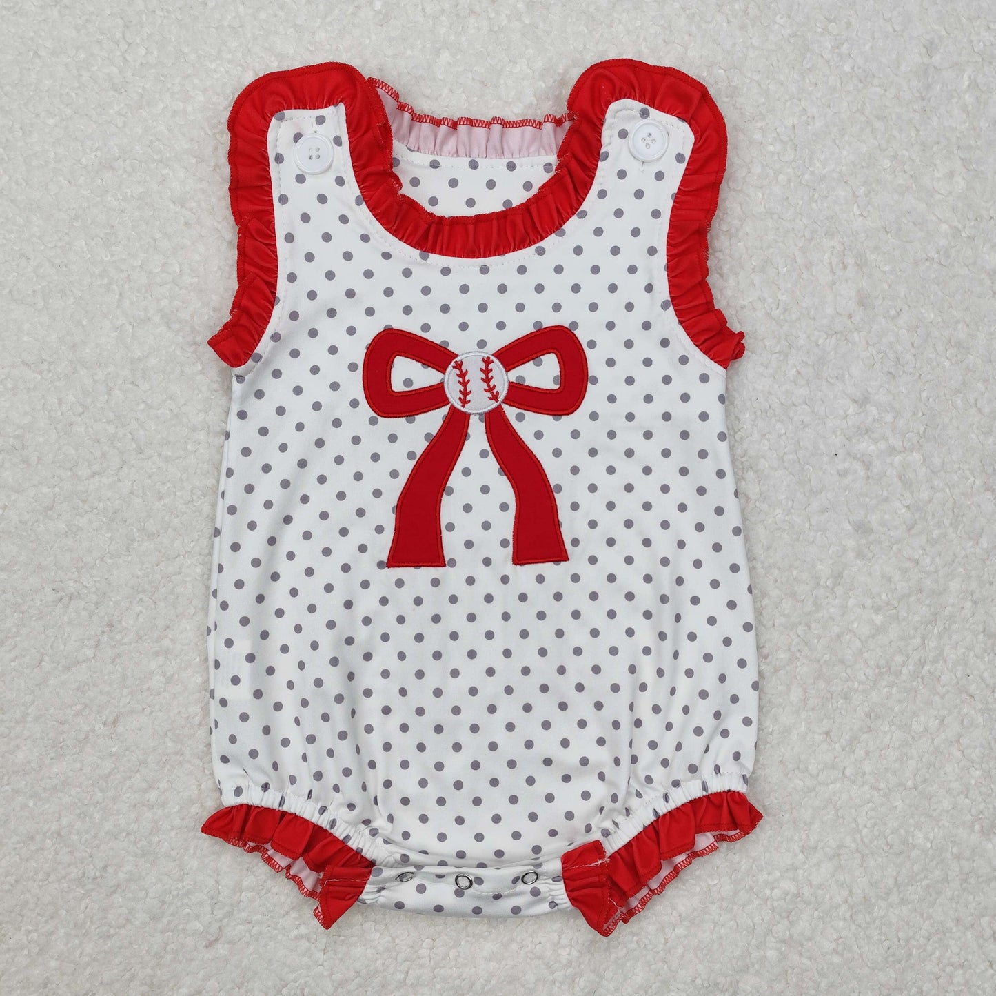 SR2376  Embroidered Baseball Bow Romper Red White Dot sleeveless girl boutique romper  RTS 202501