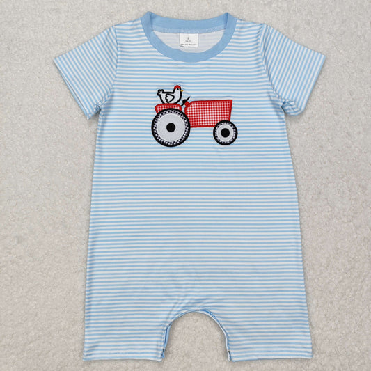 SR2406 Embroidery truck Blue Striped short sleeve girl boutique romper  RTS 202501