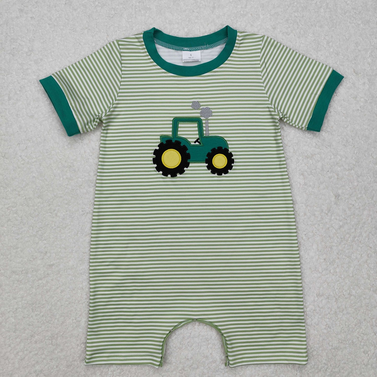 SR2431 Embroidery truck Baby boy Romper Green Striped short sleeve baby summer romper  RTS 202501