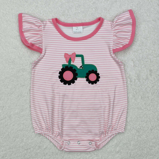 SR2432  Embroidery truck Baby Girl Romper Pink Striped Ruffle sleeveless baby summer romper  RTS 202501
