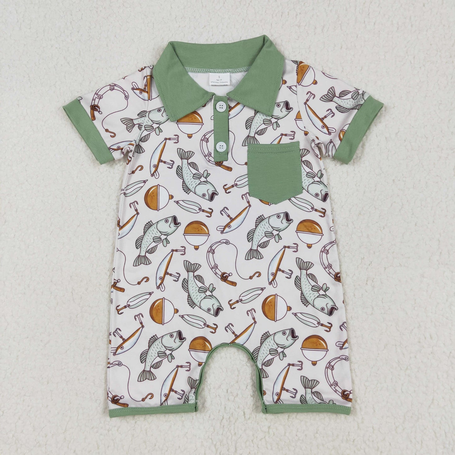 SR2472 Fishing and hunting green polo short sleeve romper baby boys Boutique Summer clothes  RTS Free Shipping Over 2 KG