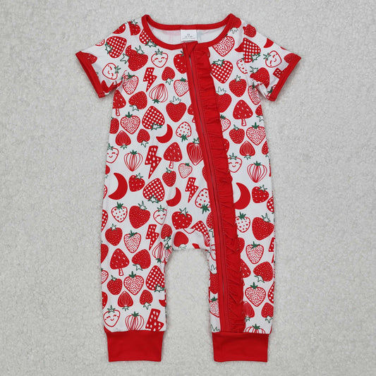 SR2500 Red Strawberry Ruffle Zippy Short Sleeve Romper Girls Boutique Outfits 202503 RTS