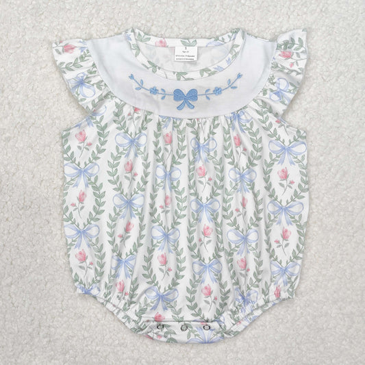 SR2543 Embroidered Blue Bows Flower Green Pink Short Sleeve Romper Girls Boutique outfit 202503
