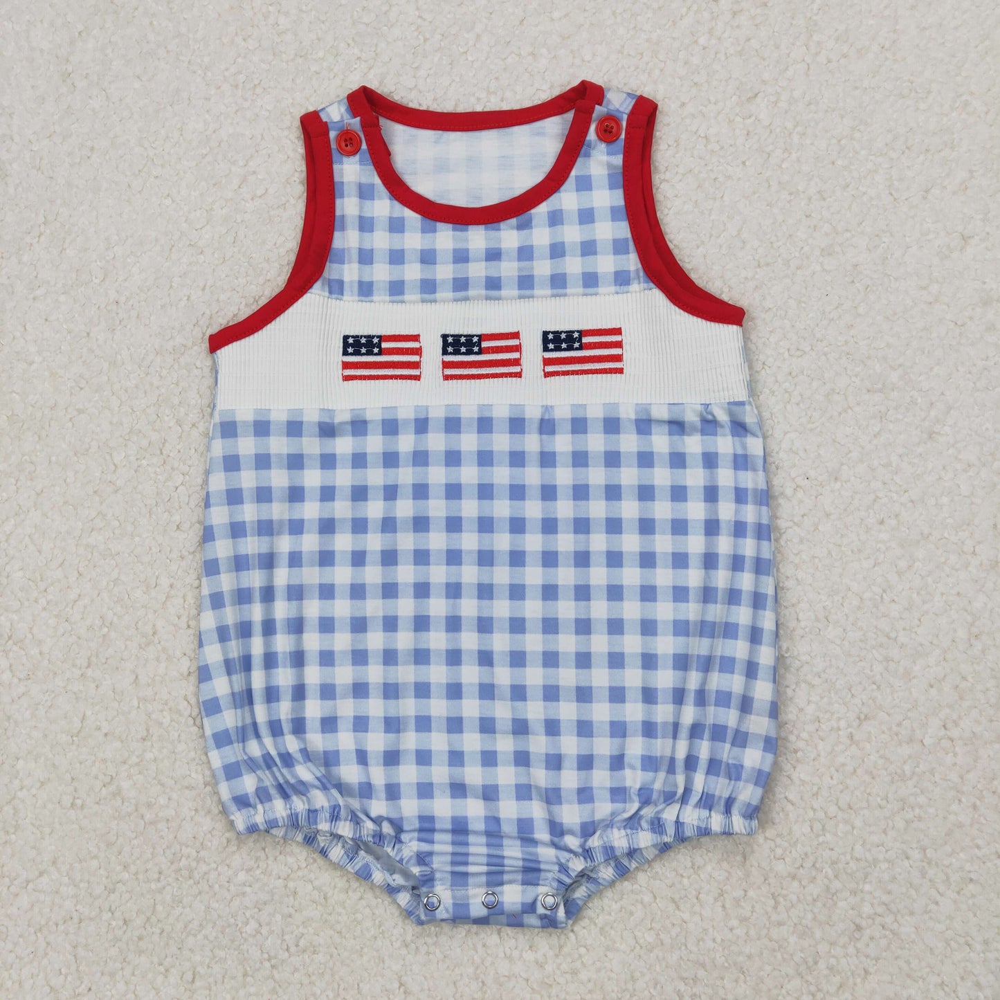 SR2572 Smock 4th of July Flag Blue Red Plaid Sleeveless Boy Boutique Romper  202503 RTS