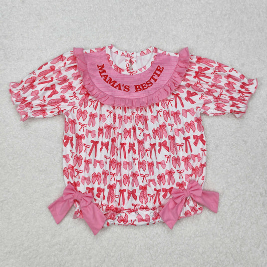 SR2620 Embroidered MAMA'S BESTIE Pink Ruffle Bow short sleeve Romper girl boutique romper  RTS 202501