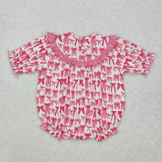 SR2620 Embroidered MAMA'S BESTIE Pink Ruffle Bow short sleeve Romper girl boutique romper  RTS 202501