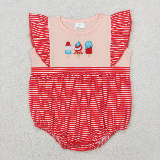 SR2635 Embroidered Ice Cream Red Pink Stripe Flying Sleeve Romper Baby Girls Boutique Outfits 202504 RTS