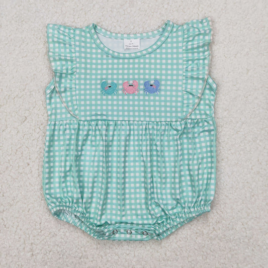 SR2659 crab sibling outfits embroidered green plaid ruffle sleeveless romper baby girl boutique clothes  202503 RTS