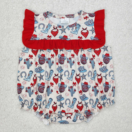 SR2680 Cowgirl Clothes Cactus Boots Red Ruffle Sleeveless Romper Girls Boutique outfit 202503 RTS