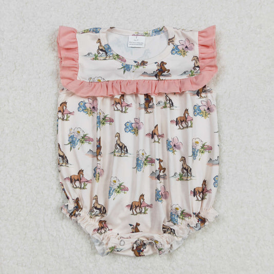 SR2690 Western Rodeo Cowgirl Pink Horse Flower Ruffle sleeveless romper Girls Boutique  outfit 202502 RTS