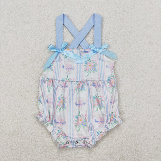 SR2698 Blue Flower Striped Bows Sleeveless Romper Girls Boutique Outfits 202503 RTS