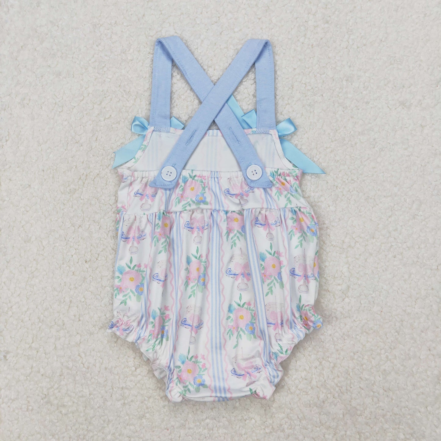 SR2698 Blue Flower Striped Bows Sleeveless Romper Girls Boutique Outfits 202503 RTS