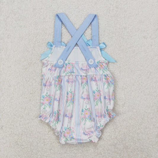 SR2698 Blue Flower Striped Bows Sleeveless Romper Girls Boutique Outfits 202503 RTS