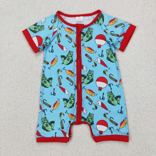 SR2707 Blue Green Fishing Rod Red Zippy Short Sleeve Boy Boutique Romper  202503 RTS
