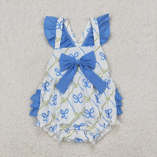 SR2720 Blue Bows Ruffle Fly Sleeve Girls Bubble Romper 202503 RTS