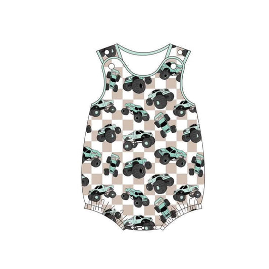 Preorder SR2742 brown green plaid cars button sleeveless romper baby boys Boutique Summer clothes  202502