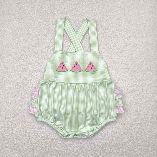 SR2764 Embroidered Green Pink Plaid Watermelon Sleeveless Romper Baby Girls Boutique Summer Clothes  202504 RTS