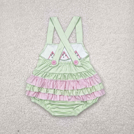 SR2764 Embroidered Green Pink Plaid Watermelon Sleeveless Romper Baby Girls Boutique Summer Clothes  202504 RTS