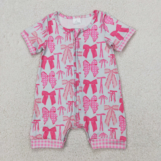 SR2771 Pink Bows Plaid Zippy Short Sleeve Romper Girls Boutique Outfits 202504 RTS