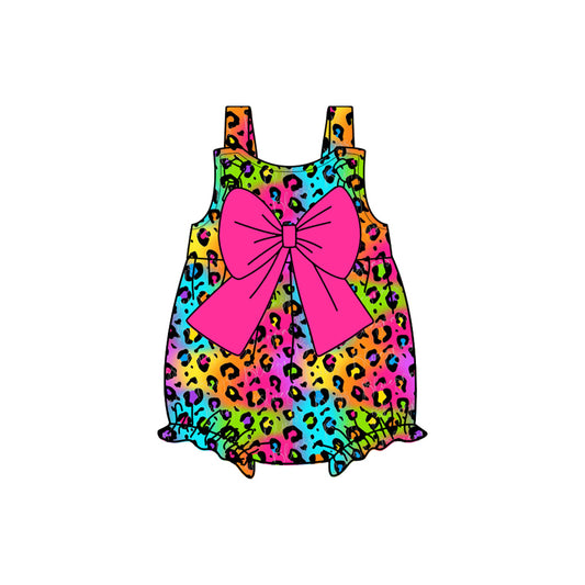Preorder SR2775 Rose Red Leopard print Bow sleeveless romper baby girls Boutique Summer clothes  202502