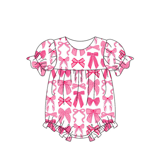 Preorder SR2783 Hot Pink bow puff short sleeve romper baby girl Boutique Summer clothes  202502