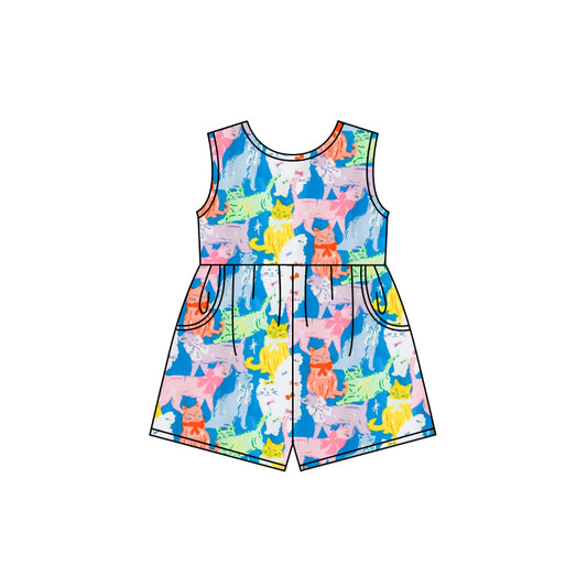 Preorder SR2788-3xs-6xl  Blue cats sleeveless romper Girls Summer clothes  202502