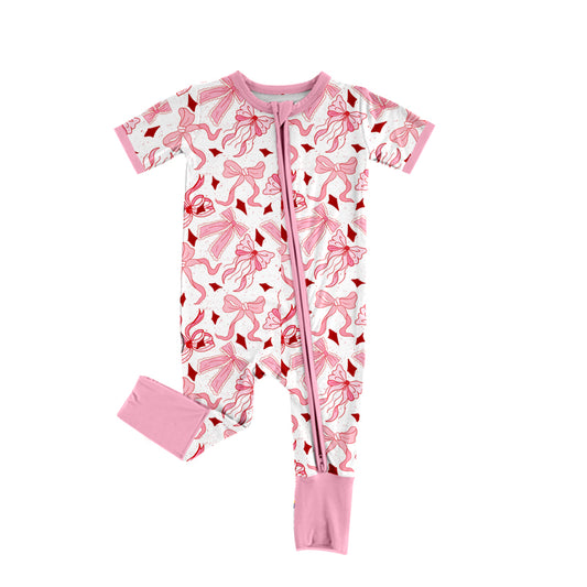 Preorder SR2790 Hot Pink Bows zippy short sleeve romper baby girls Boutique Summer clothes  202502
