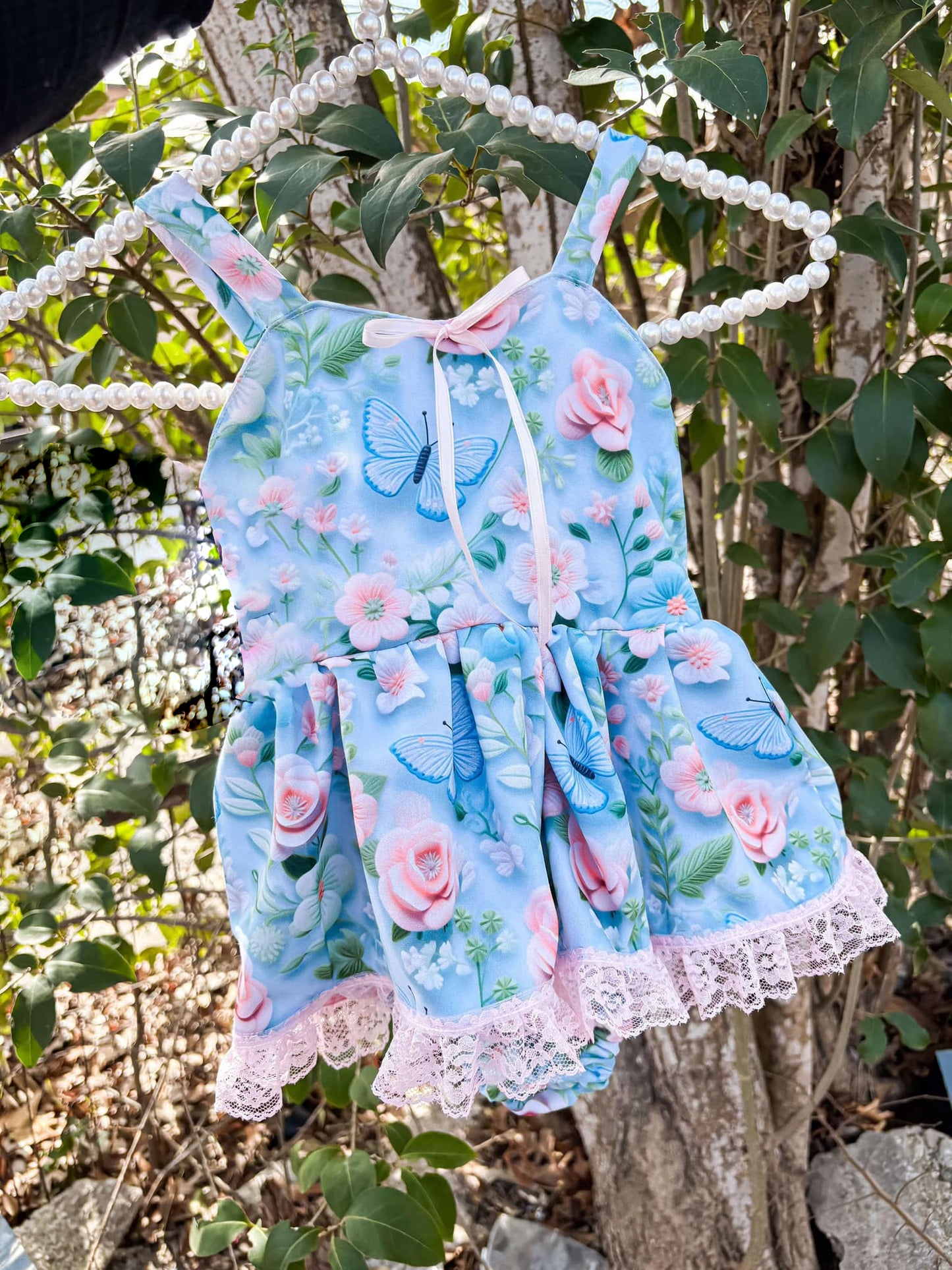 Preorder SR2801 Blue Flower bows lace sleeveless dress romper baby girls Boutique Summer outfit 202502