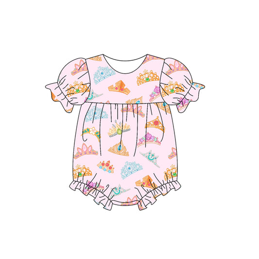 Preorder SR2808 Pink Princess tiara short sleeve romper baby girls Boutique Summer outfit 202502
