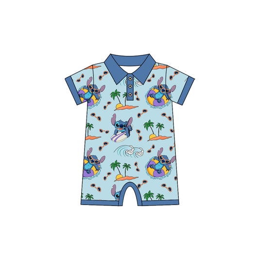 Preorder SR2813 Blue Cartoon Stitch polo short sleeve romper baby boys Boutique Summer outfit 202502