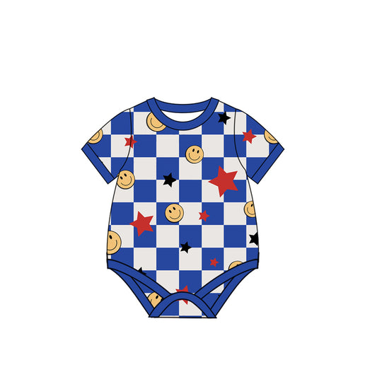 Preorder SR2844 Independence Day Navy Blue plaid star smile short sleeve romper Infant boy Boutique  outfit 202502