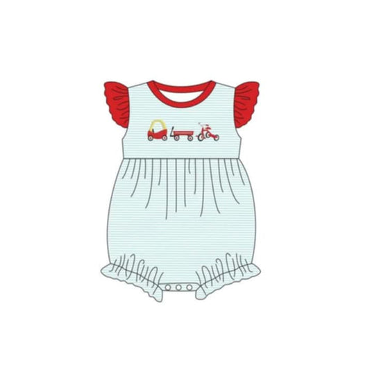 Preorder SR2850 Red Blue striped cars flying short sleeve romper Infant girls Boutique  outfit 202502
