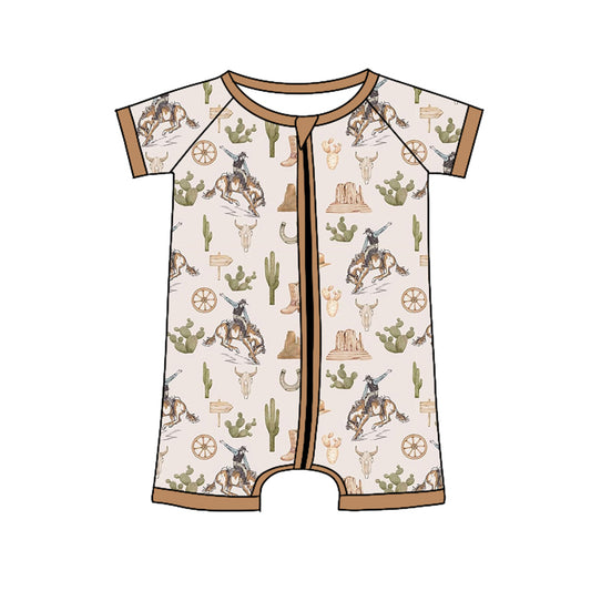 Preorder SR2852 Brown horse cactus rodeo fashion zippy short sleeve romper Infant boy Boutique  outfit 202502