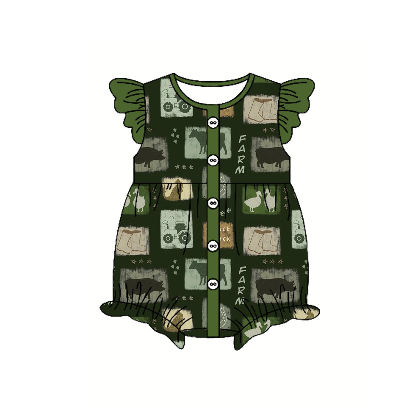 preorder SR2873 Green Factor Cow Duck Fly sleeve romper Girls Boutique  outfits 202502