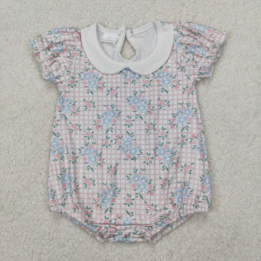 SR2878 Pink Beige Pink Flower Leaf Doll Collar Short Sleeve Romper Girls Boutique  Outfits 202503 RTS