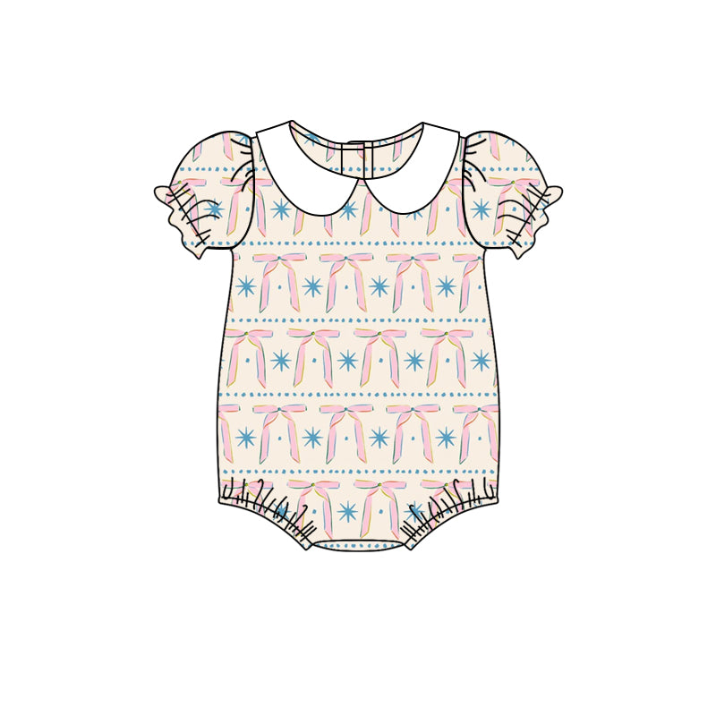 preorder SR2879 Beige Bows Star Puff Short Sleeve Romper Girls Boutique  Outfits 202502