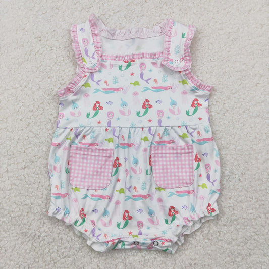 SR2880 Cartoon Mermaid Princess Pink White Plaid Pocket Ruffle Sleeveless Romper Girls Boutique  Outfits 202504 RTS