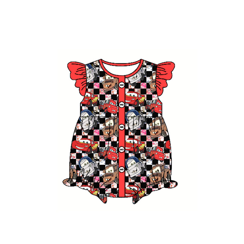 preorder SR2898 Cartoon Cars Plaid Red Fly Sleeve Romper Girls Boutique Outfits 202503