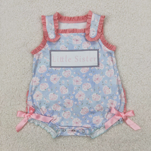 SR2911 Little Sister Pink Blue Flower Ruffle Sleeveless Romper Girls Boutique Outfits 202504 RTS