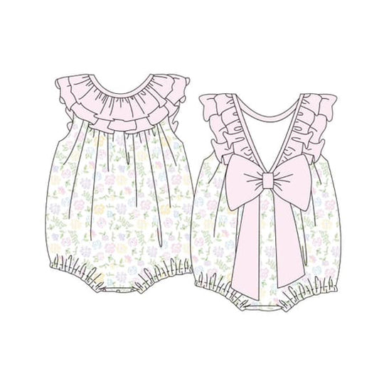 preorder SR2916 Pink Bow Ruffle Yellow Floral Sleeveless Romper Girls Boutique Outfits 202503