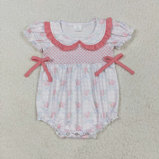 SR2917 Embroidered Pink Doll collar Flower Bows Ruffle Puff Short Sleeve Romper Girls Boutique Outfits 202504 RTS